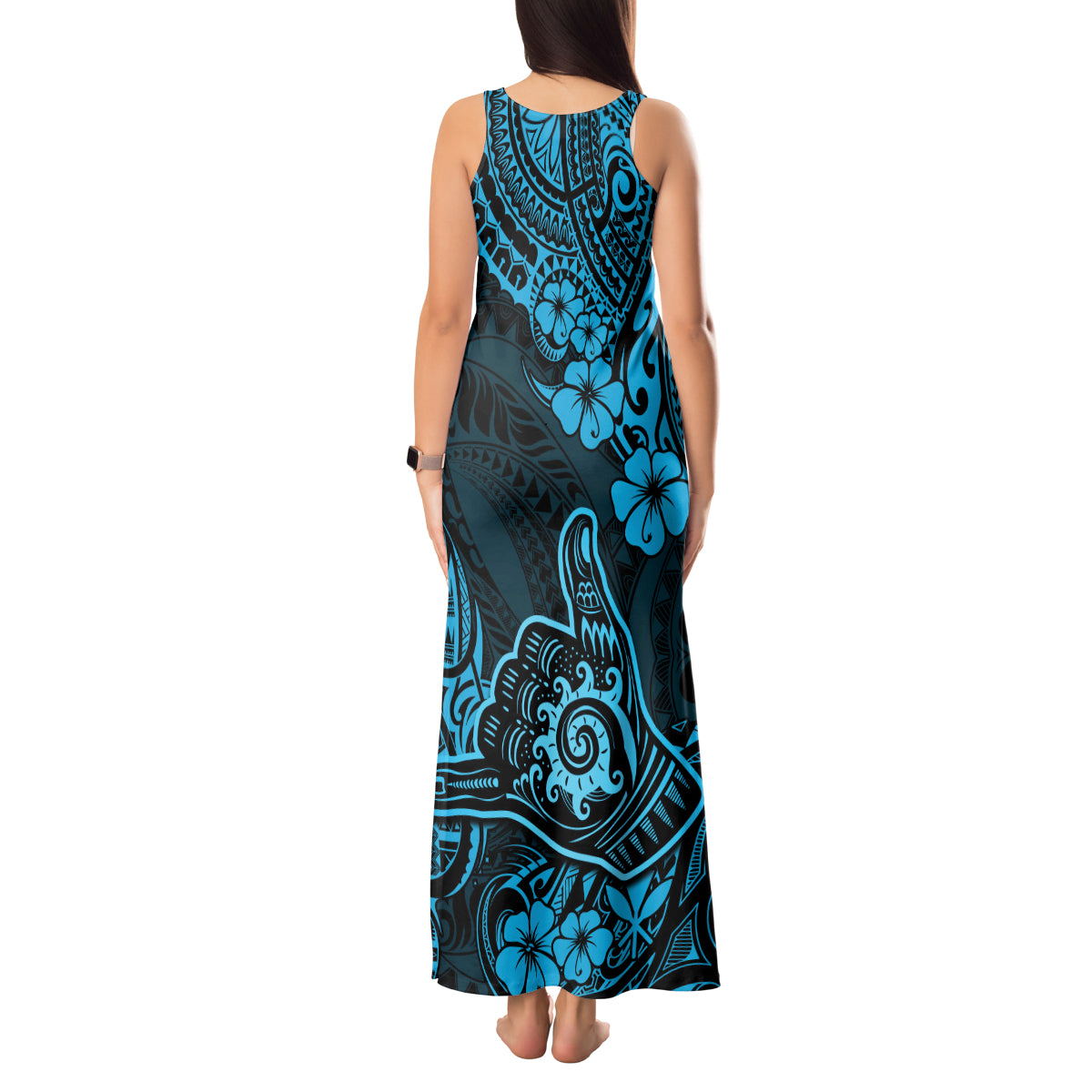 Hawaii Shaka Sign Tank Maxi Dress Polynesian Pattern Sky Blue Version - Wonder Print Shop