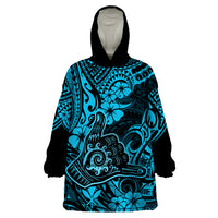 Hawaii Shaka Sign Wearable Blanket Hoodie Polynesian Pattern Sky Blue Version - Wonder Print Shop