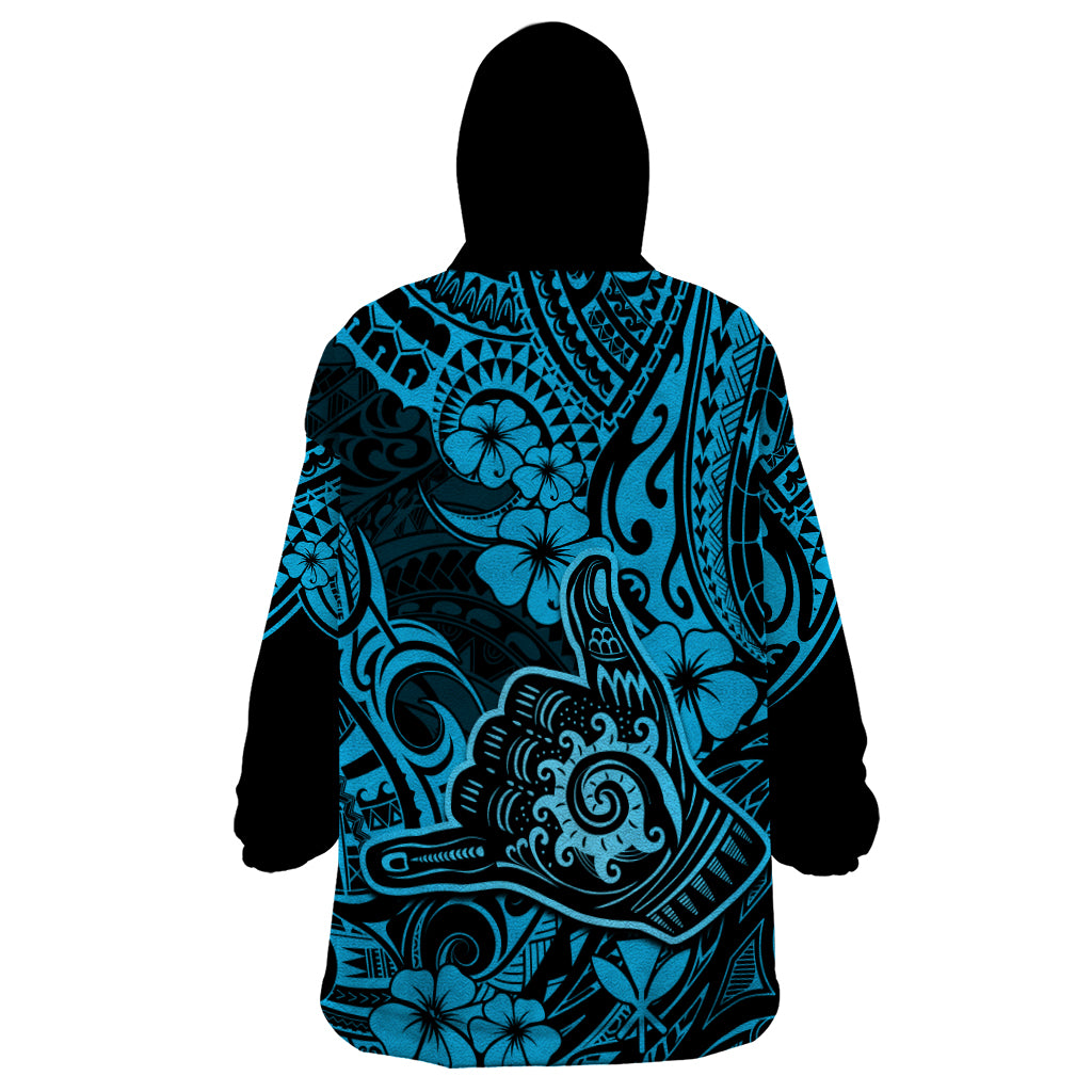 Hawaii Shaka Sign Wearable Blanket Hoodie Polynesian Pattern Sky Blue Version - Wonder Print Shop