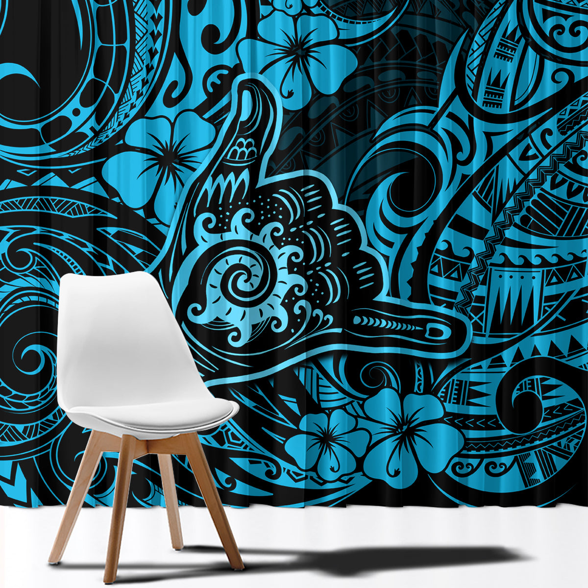 Hawaii Shaka Sign Window Curtain Polynesian Pattern Sky Blue Version - Wonder Print Shop