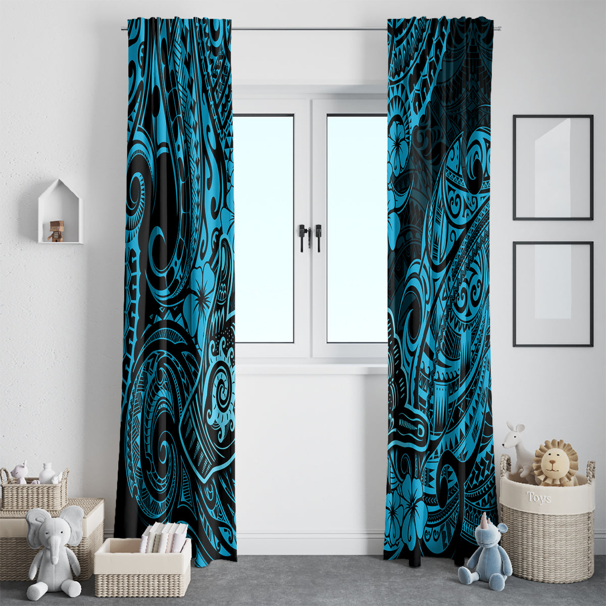Hawaii Shaka Sign Window Curtain Polynesian Pattern Sky Blue Version - Wonder Print Shop