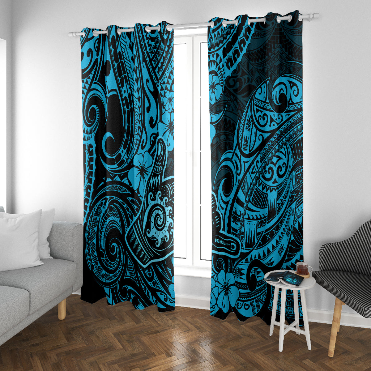 Hawaii Shaka Sign Window Curtain Polynesian Pattern Sky Blue Version - Wonder Print Shop
