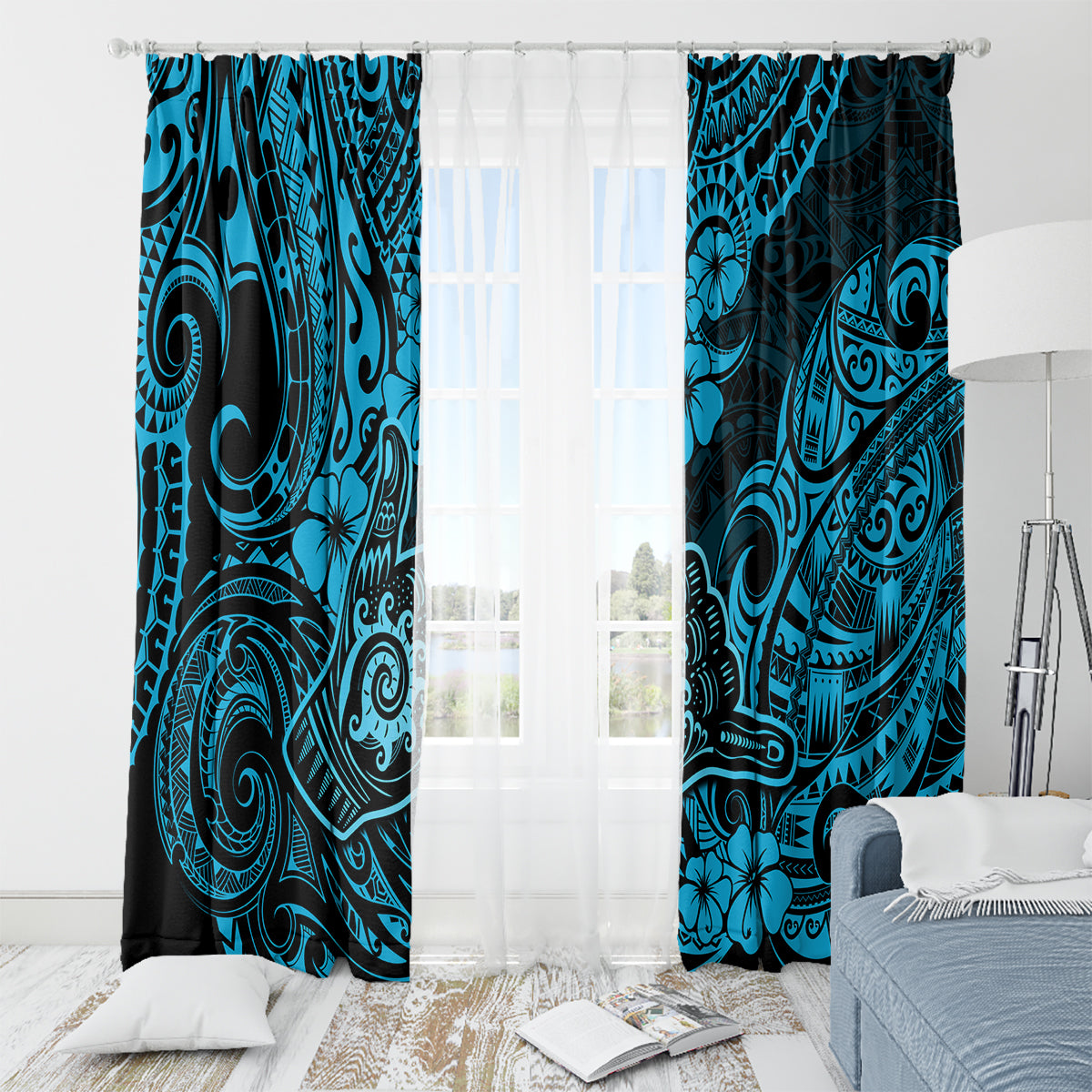 Hawaii Shaka Sign Window Curtain Polynesian Pattern Sky Blue Version - Wonder Print Shop