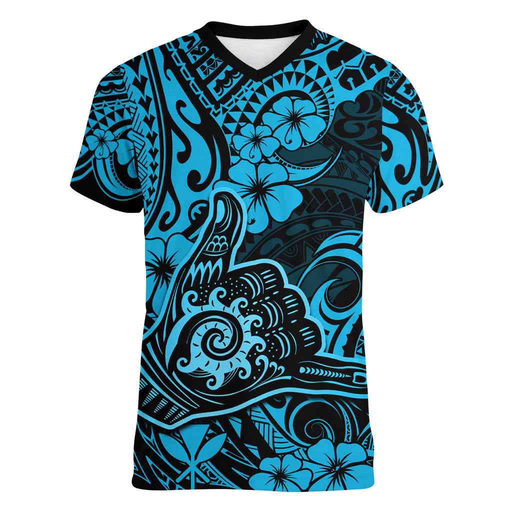 Hawaii Shaka Sign Women V Neck T Shirt Polynesian Pattern Sky Blue Version - Wonder Print Shop