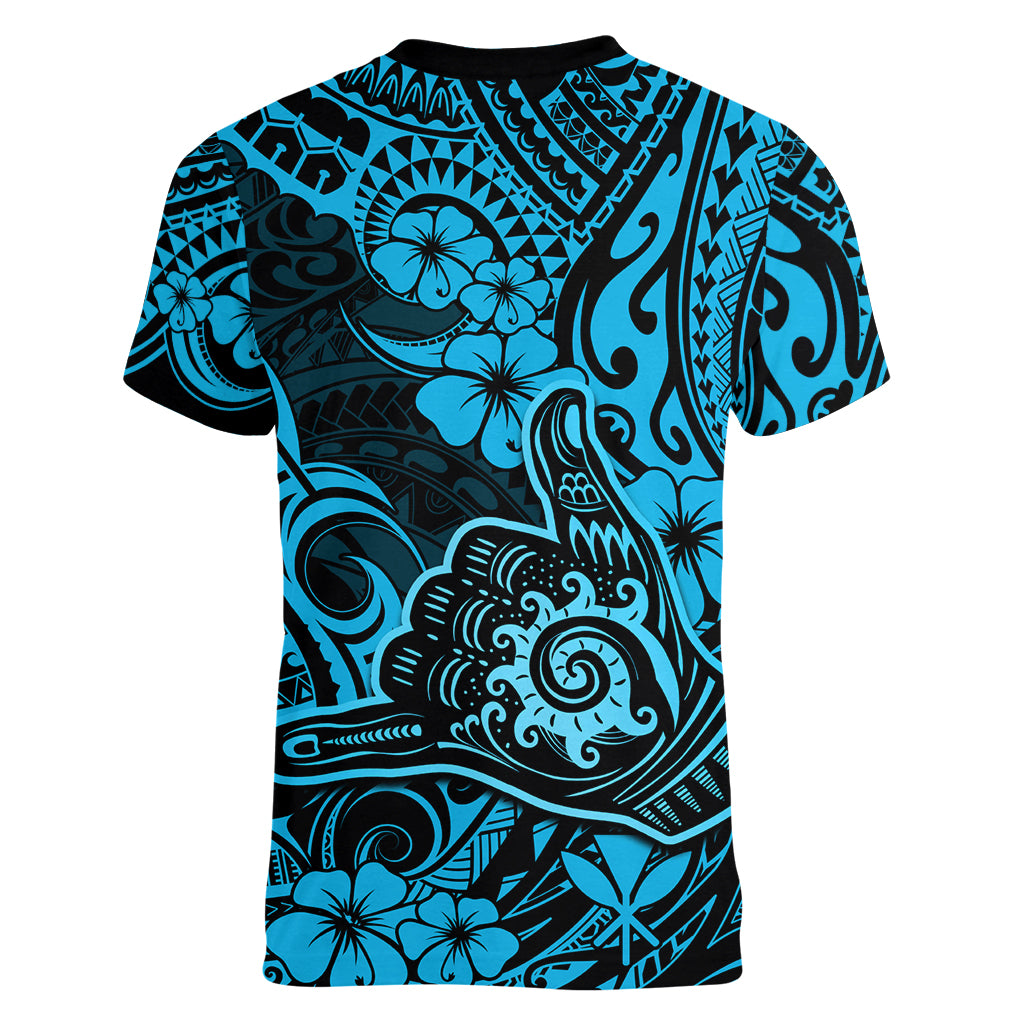 Hawaii Shaka Sign Women V Neck T Shirt Polynesian Pattern Sky Blue Version - Wonder Print Shop