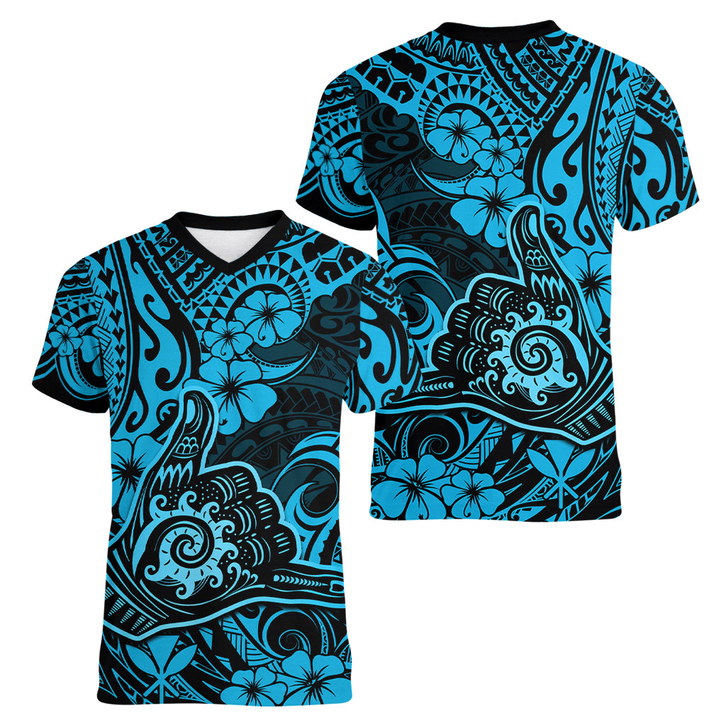 Hawaii Shaka Sign Women V Neck T Shirt Polynesian Pattern Sky Blue Version - Wonder Print Shop