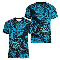 Hawaii Shaka Sign Women V Neck T Shirt Polynesian Pattern Sky Blue Version - Wonder Print Shop