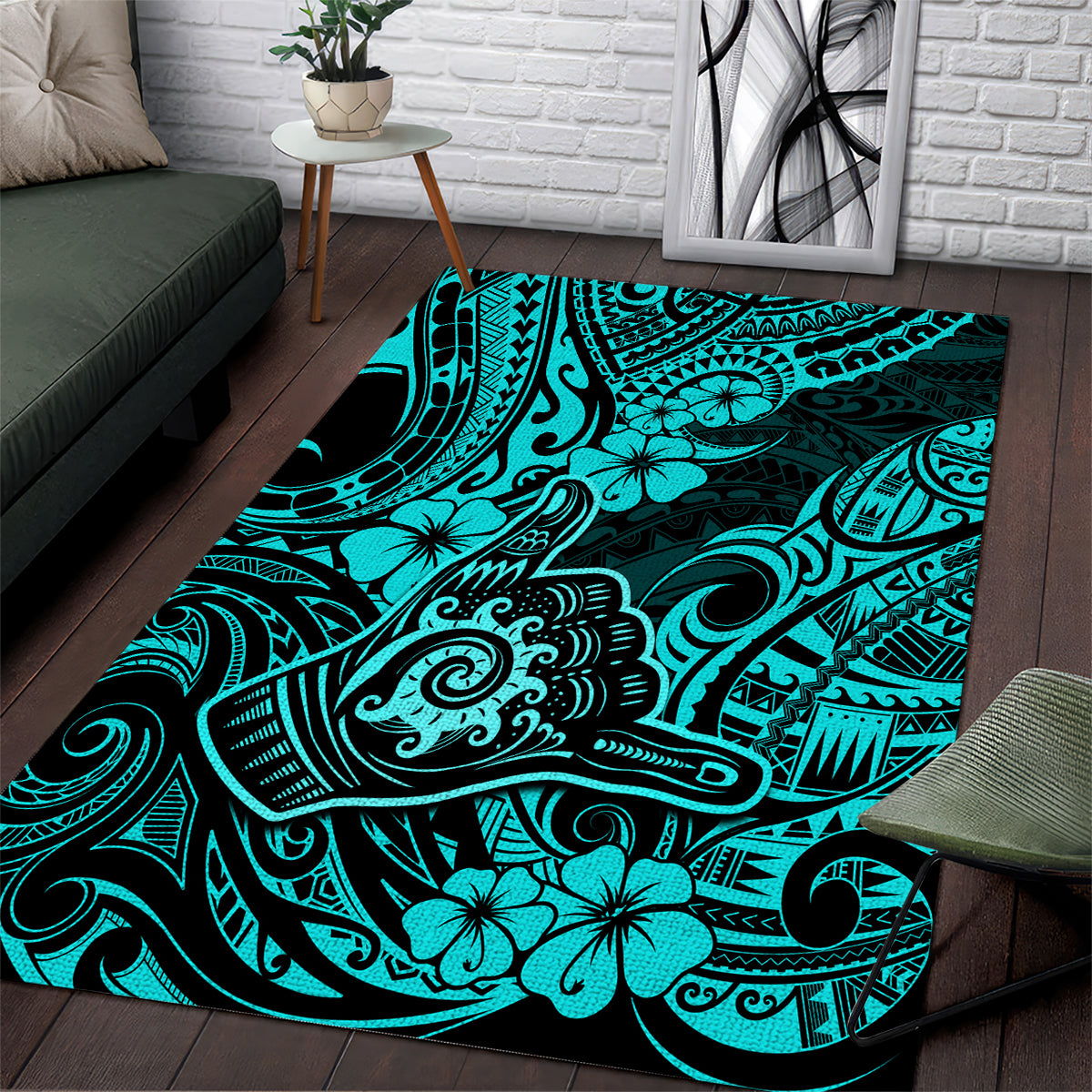 Hawaii Shaka Sign Area Rug Polynesian Pattern Turquoise Version - Wonder Print Shop