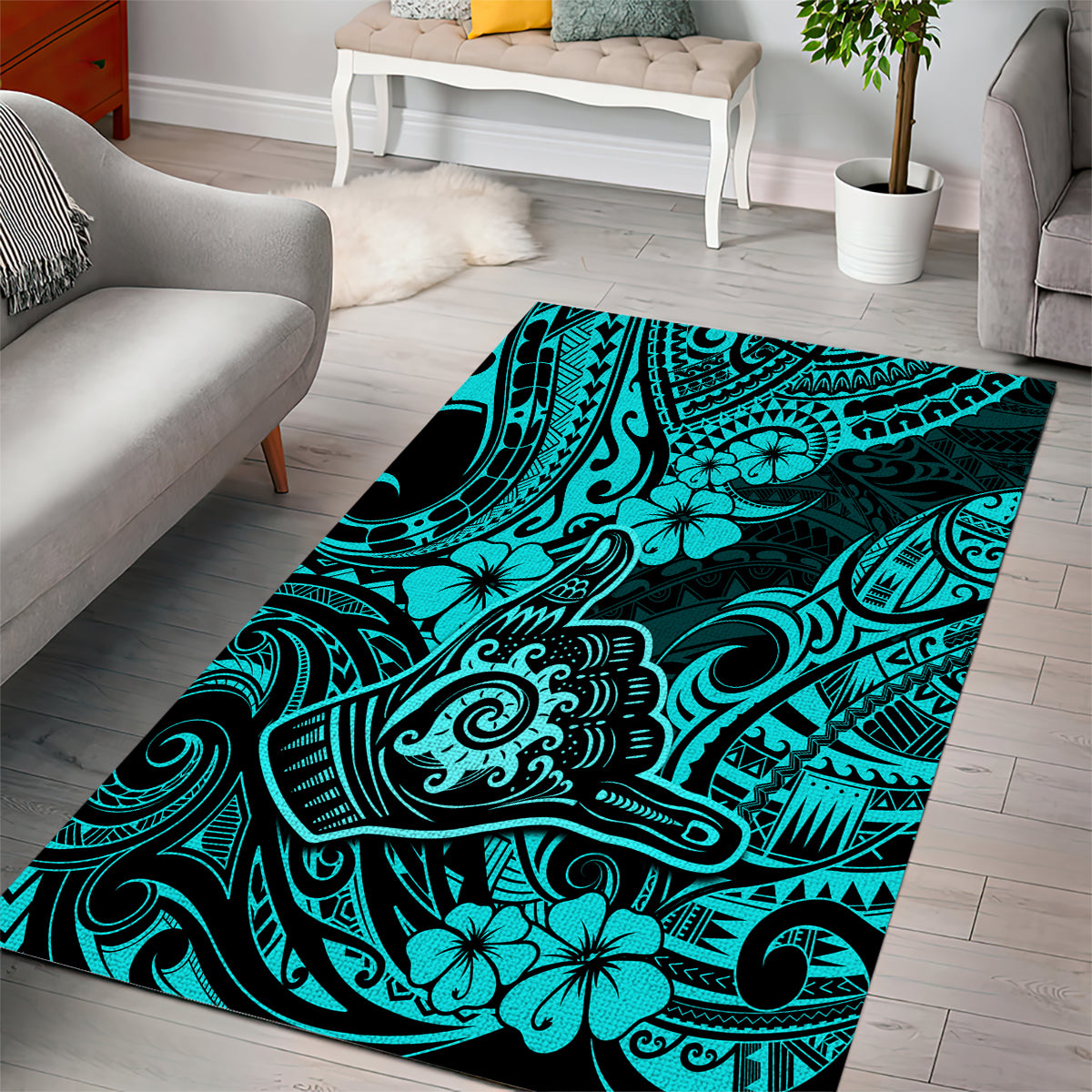 Hawaii Shaka Sign Area Rug Polynesian Pattern Turquoise Version - Wonder Print Shop