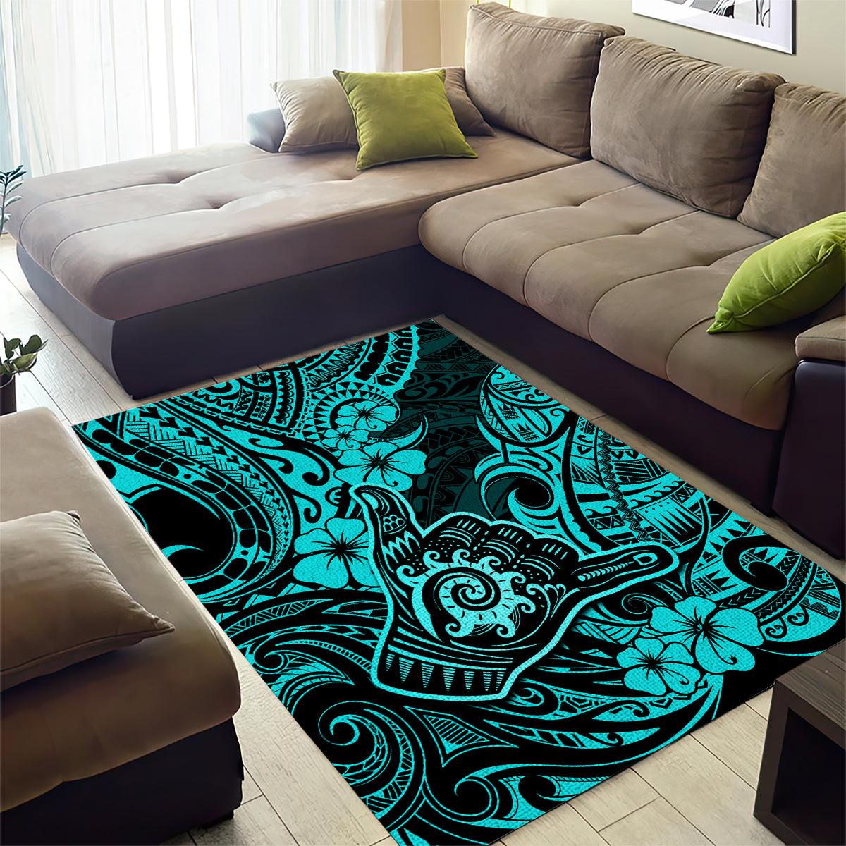 Hawaii Shaka Sign Area Rug Polynesian Pattern Turquoise Version - Wonder Print Shop