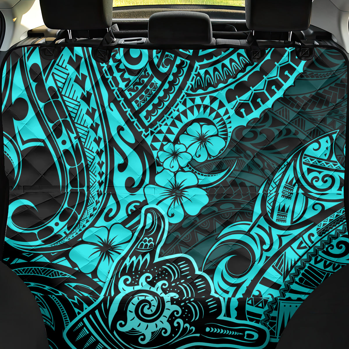 Hawaii Shaka Sign Back Car Seat Cover Polynesian Pattern Turquoise Version - Wonder Print Shop