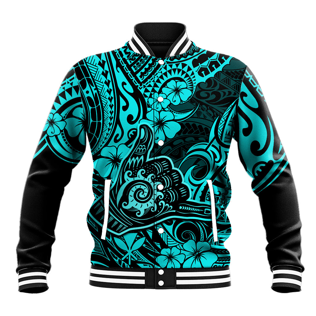 Hawaii Shaka Sign Baseball Jacket Polynesian Pattern Turquoise Version - Wonder Print Shop