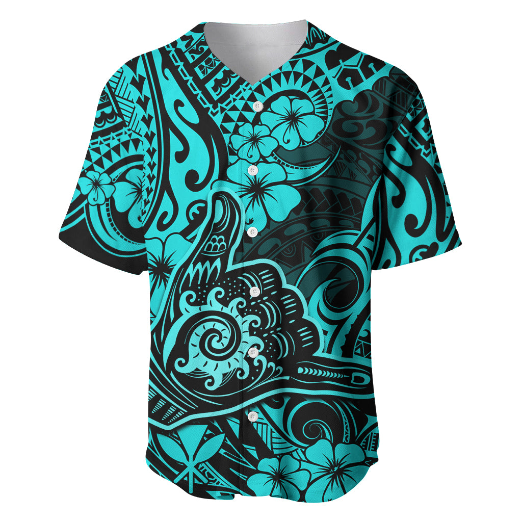 Hawaii Shaka Sign Baseball Jersey Polynesian Pattern Turquoise Version - Wonder Print Shop