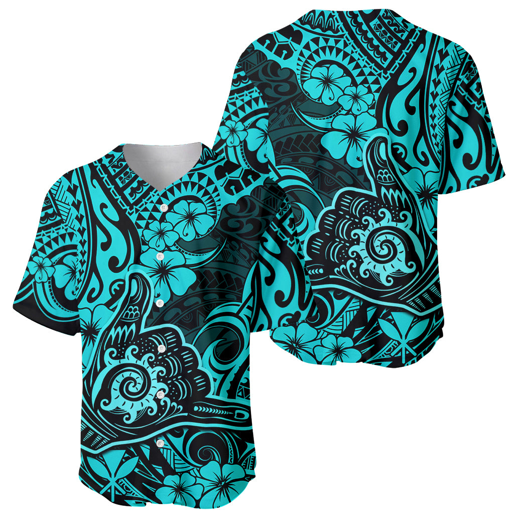 Hawaii Shaka Sign Baseball Jersey Polynesian Pattern Turquoise Version - Wonder Print Shop