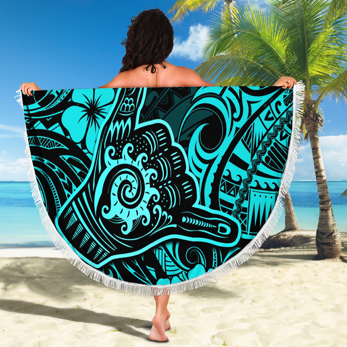 Hawaii Shaka Sign Beach Blanket Polynesian Pattern Turquoise Version - Wonder Print Shop