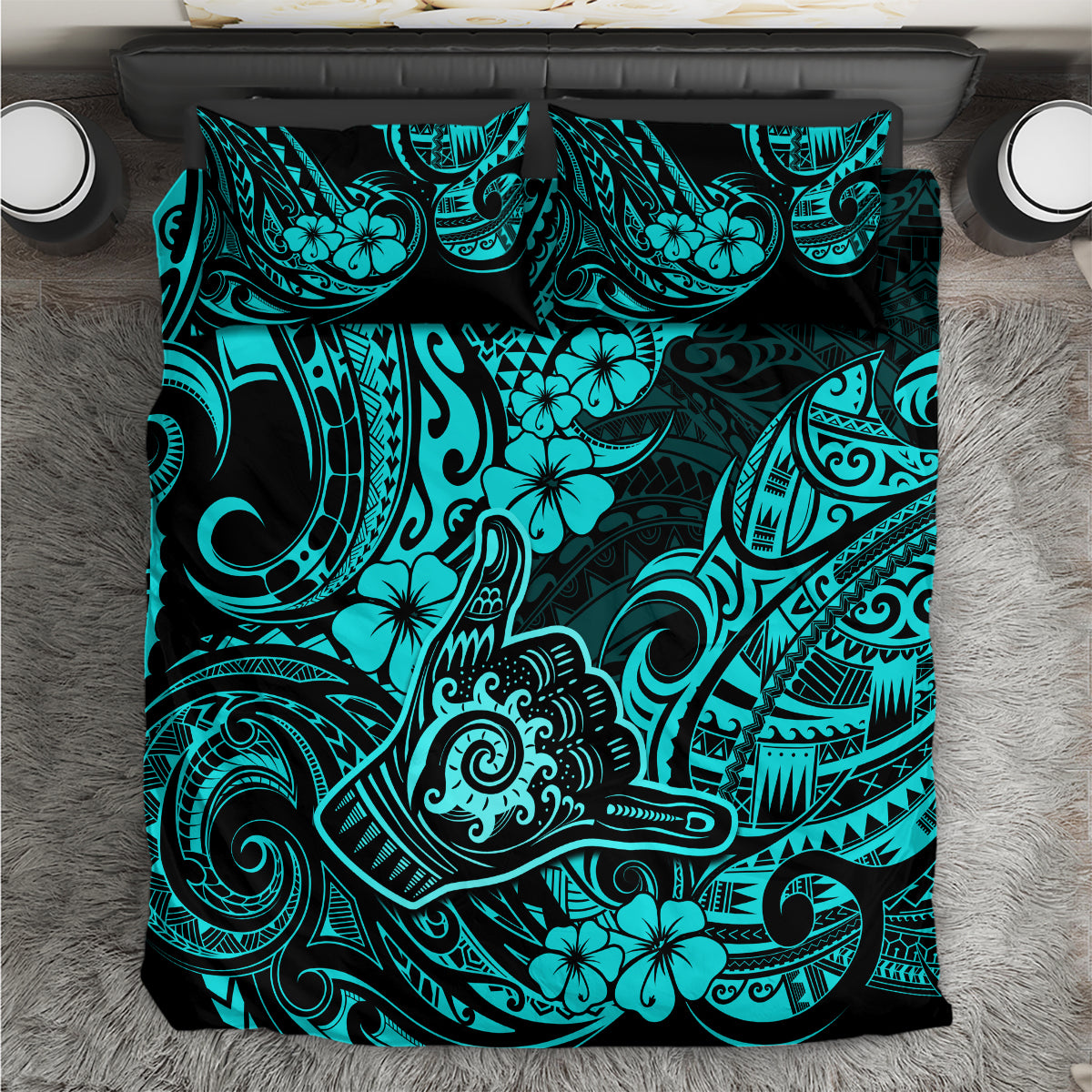 Hawaii Shaka Sign Bedding Set Polynesian Pattern Turquoise Version - Wonder Print Shop