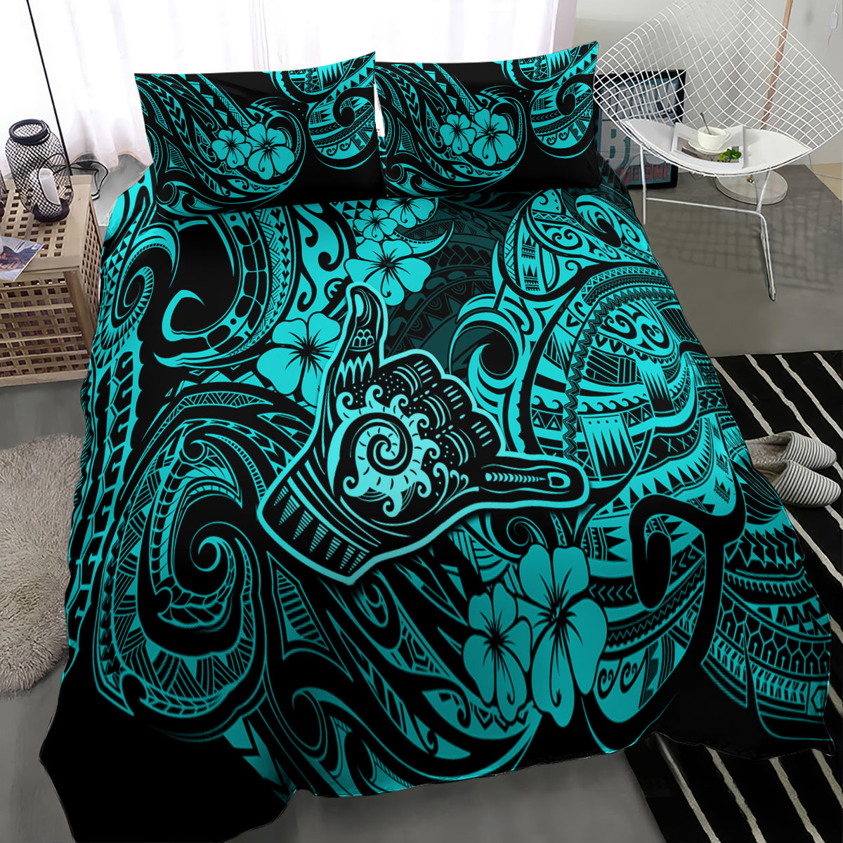 Hawaii Shaka Sign Bedding Set Polynesian Pattern Turquoise Version - Wonder Print Shop