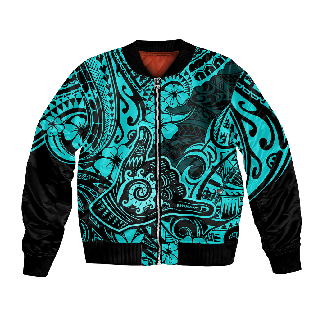 Hawaii Shaka Sign Bomber Jacket Polynesian Pattern Turquoise Version - Wonder Print Shop