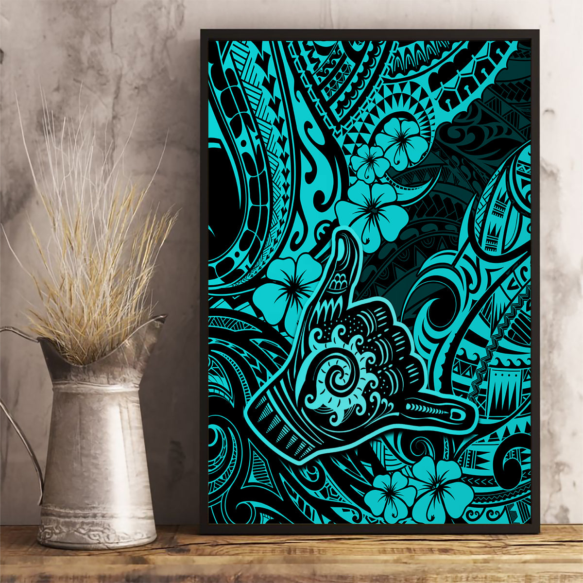 Hawaii Shaka Sign Canvas Wall Art Polynesian Pattern Turquoise Version - Wonder Print Shop