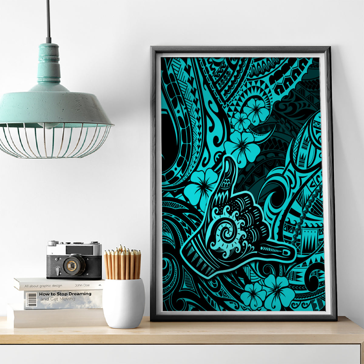 Hawaii Shaka Sign Canvas Wall Art Polynesian Pattern Turquoise Version - Wonder Print Shop
