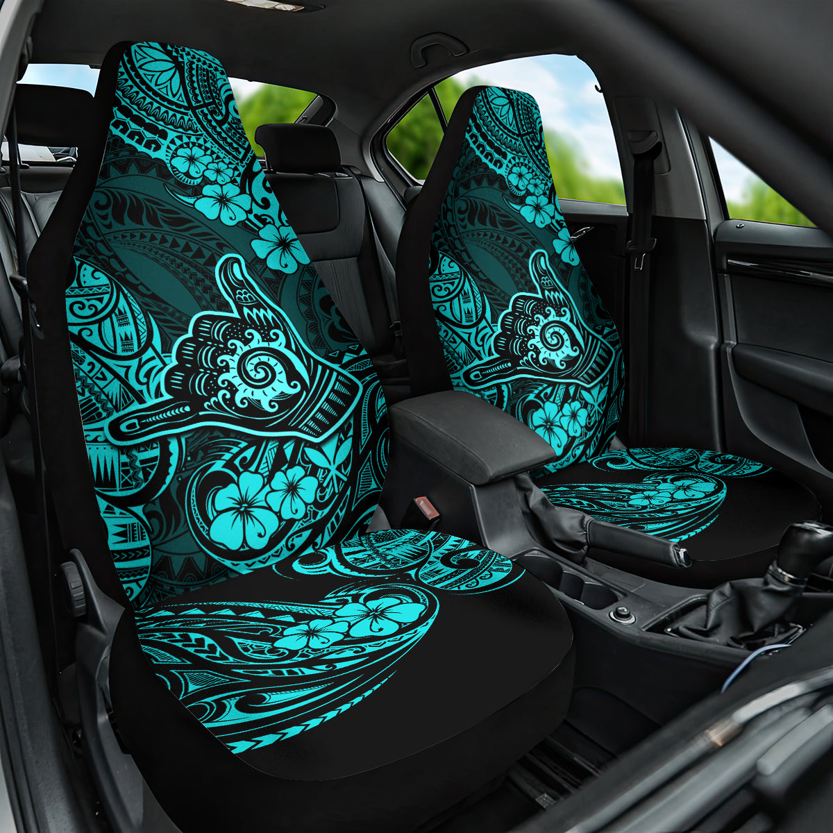 Hawaii Shaka Sign Car Seat Cover Polynesian Pattern Turquoise Version - Wonder Print Shop