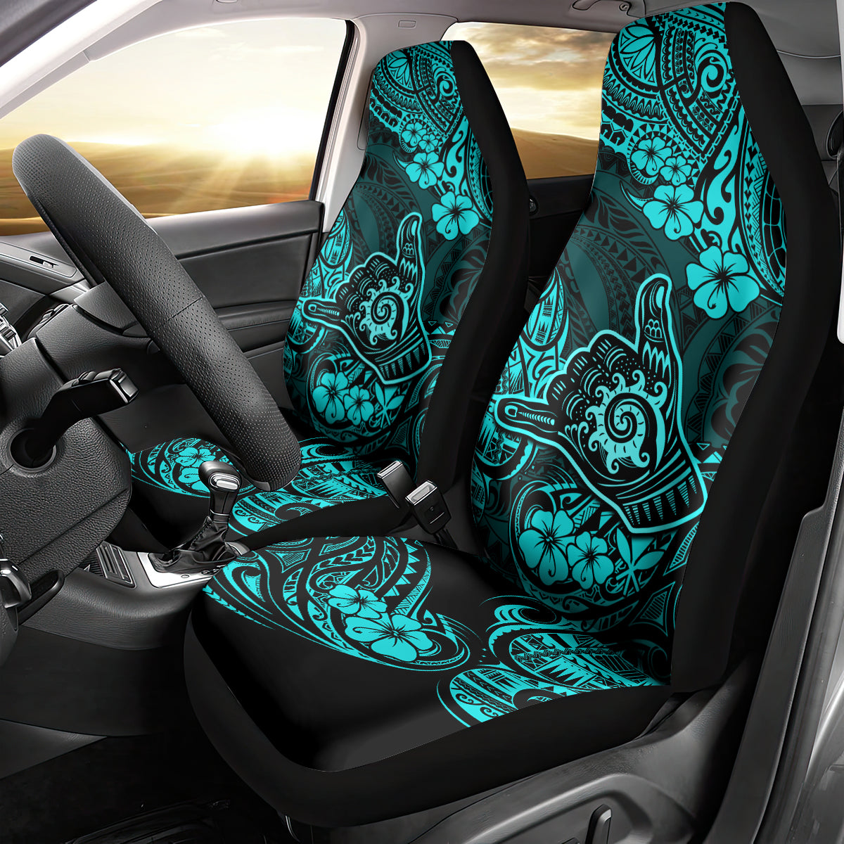 Hawaii Shaka Sign Car Seat Cover Polynesian Pattern Turquoise Version - Wonder Print Shop