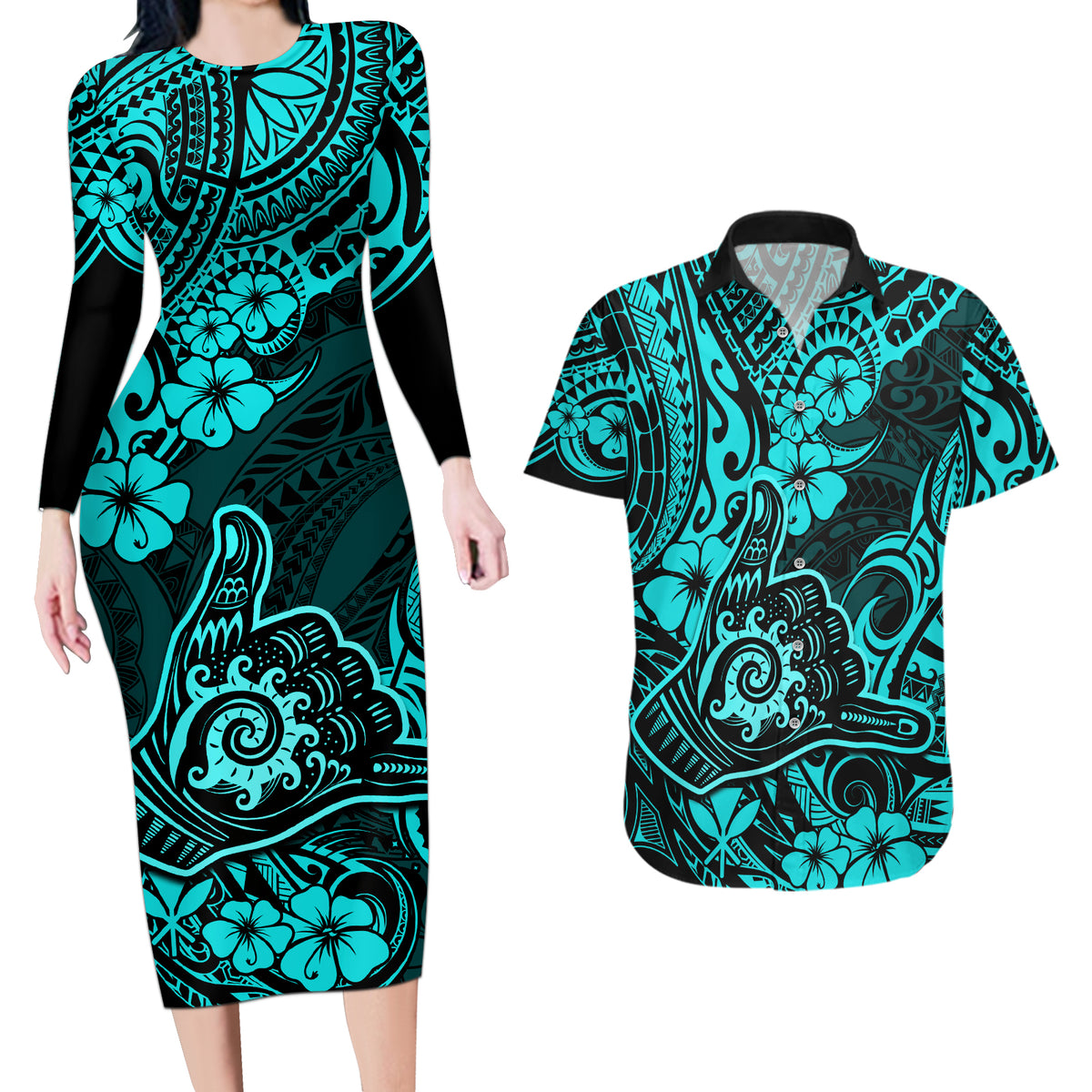 Hawaii Shaka Sign Couples Matching Long Sleeve Bodycon Dress and Hawaiian Shirt Polynesian Pattern Turquoise Version - Wonder Print Shop