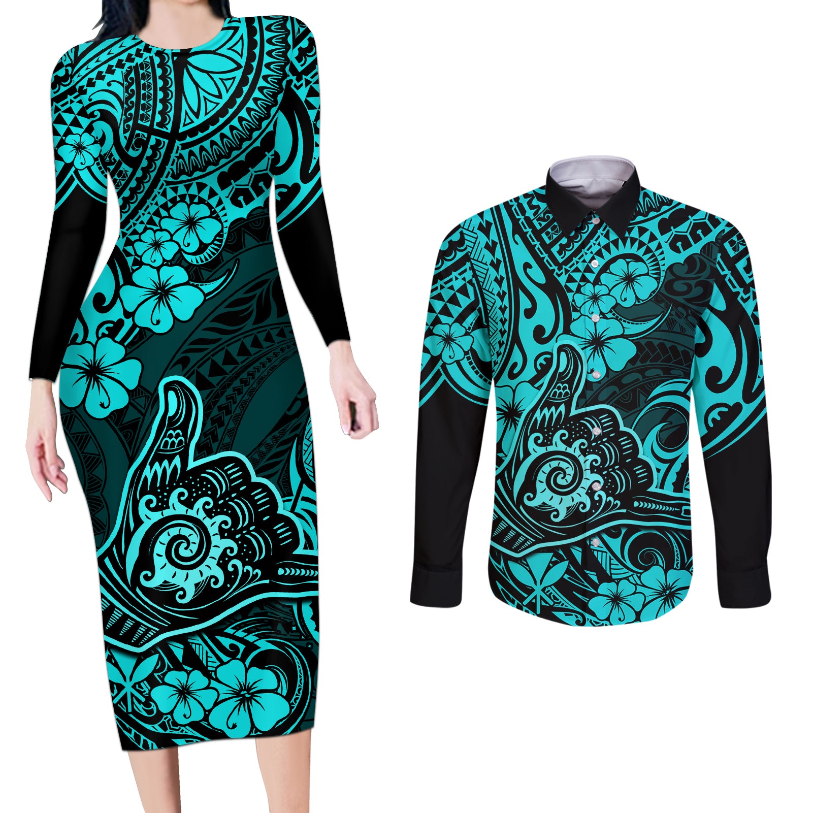 Hawaii Shaka Sign Couples Matching Long Sleeve Bodycon Dress and Long Sleeve Button Shirts Polynesian Pattern Turquoise Version - Wonder Print Shop