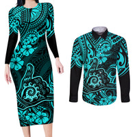 Hawaii Shaka Sign Couples Matching Long Sleeve Bodycon Dress and Long Sleeve Button Shirts Polynesian Pattern Turquoise Version - Wonder Print Shop