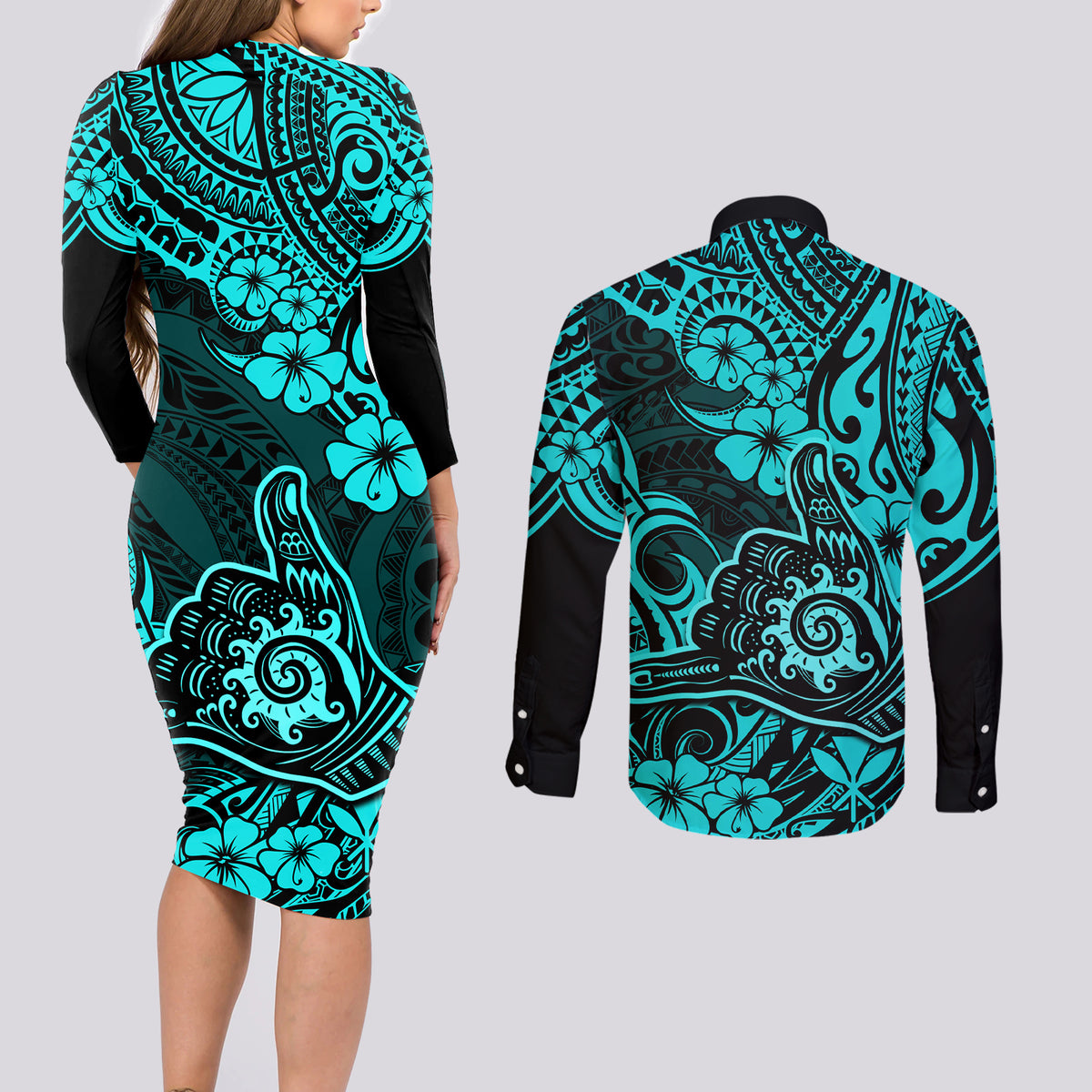 Hawaii Shaka Sign Couples Matching Long Sleeve Bodycon Dress and Long Sleeve Button Shirts Polynesian Pattern Turquoise Version - Wonder Print Shop
