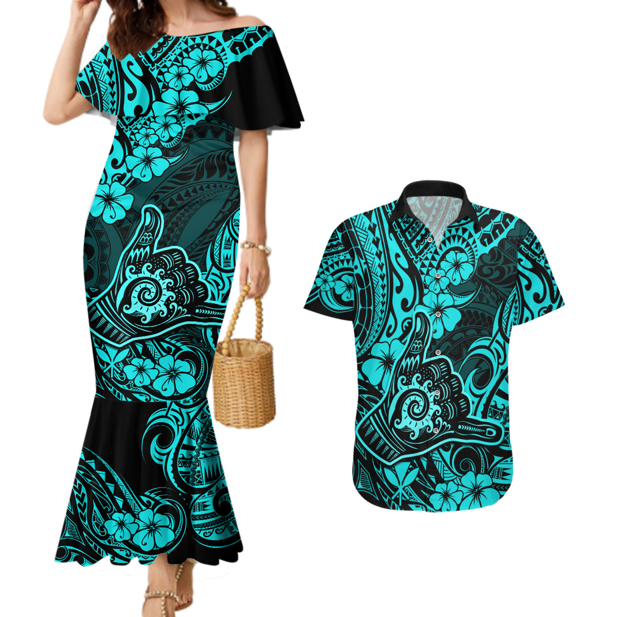 Hawaii Shaka Sign Couples Matching Mermaid Dress and Hawaiian Shirt Polynesian Pattern Turquoise Version - Wonder Print Shop