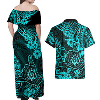 Hawaii Shaka Sign Couples Matching Off Shoulder Maxi Dress and Hawaiian Shirt Polynesian Pattern Turquoise Version - Wonder Print Shop