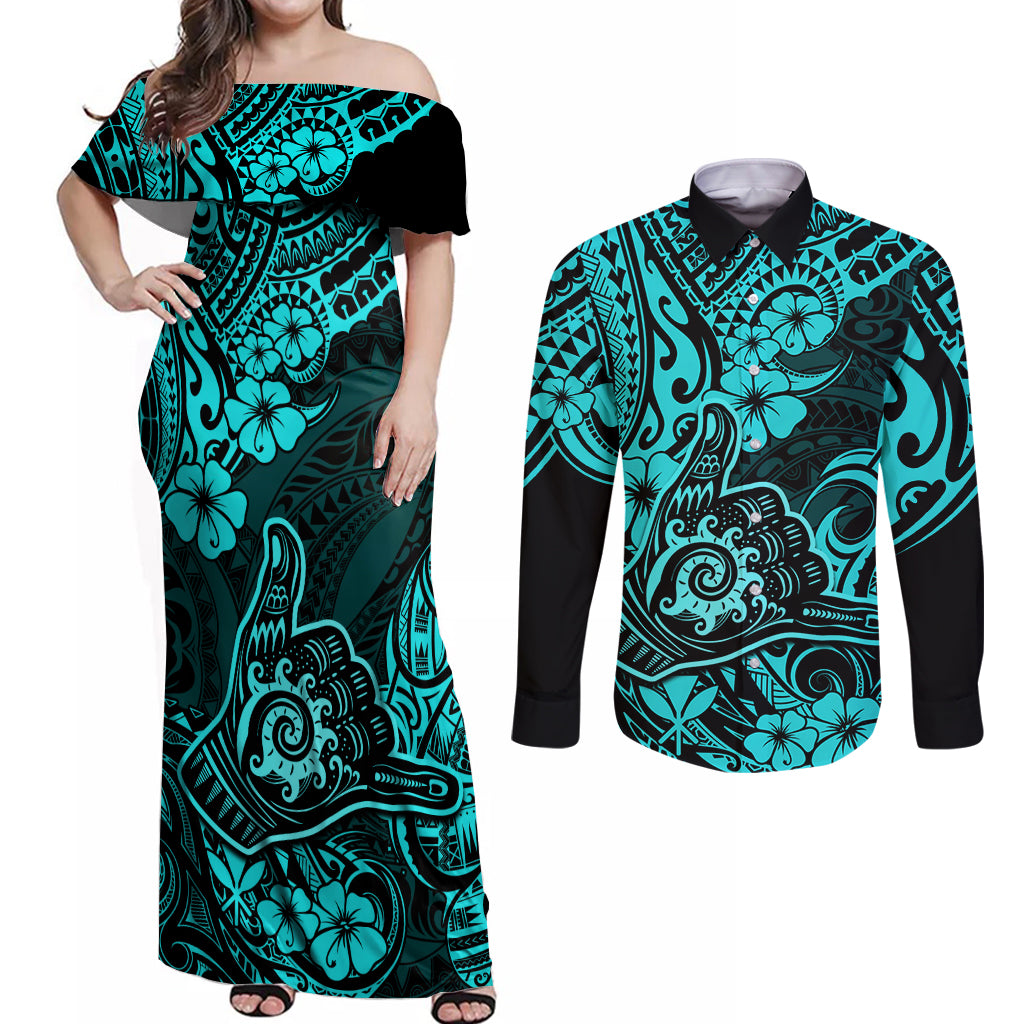 Hawaii Shaka Sign Couples Matching Off Shoulder Maxi Dress and Long Sleeve Button Shirts Polynesian Pattern Turquoise Version - Wonder Print Shop