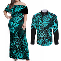 Hawaii Shaka Sign Couples Matching Off Shoulder Maxi Dress and Long Sleeve Button Shirts Polynesian Pattern Turquoise Version - Wonder Print Shop