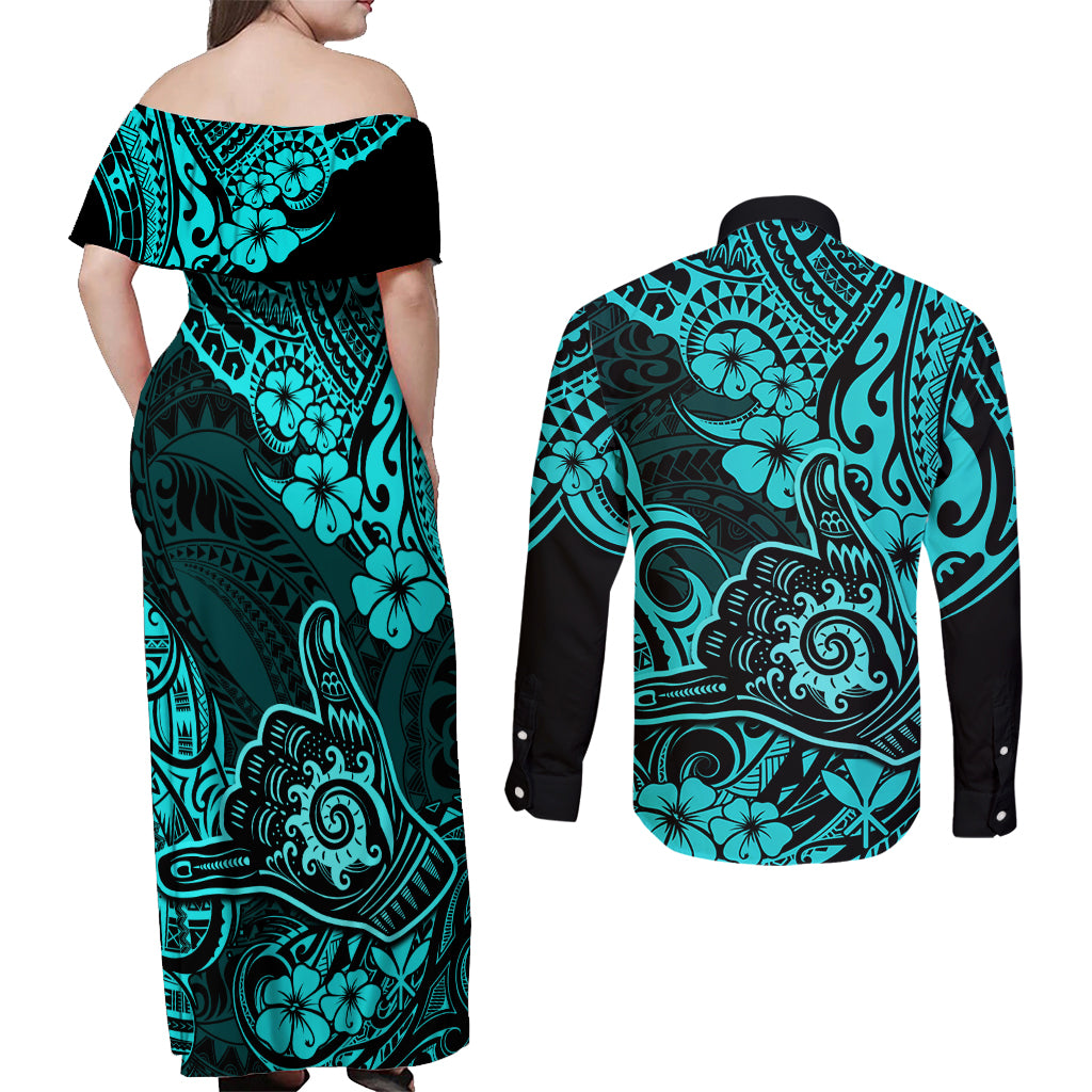 Hawaii Shaka Sign Couples Matching Off Shoulder Maxi Dress and Long Sleeve Button Shirts Polynesian Pattern Turquoise Version - Wonder Print Shop