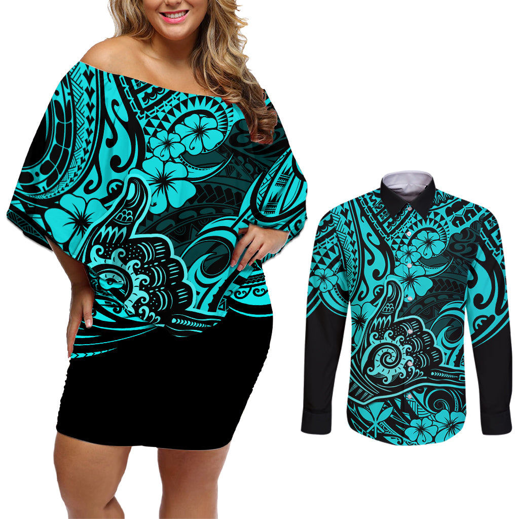 Hawaii Shaka Sign Couples Matching Off Shoulder Short Dress and Long Sleeve Button Shirts Polynesian Pattern Turquoise Version - Wonder Print Shop