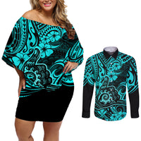 Hawaii Shaka Sign Couples Matching Off Shoulder Short Dress and Long Sleeve Button Shirts Polynesian Pattern Turquoise Version - Wonder Print Shop