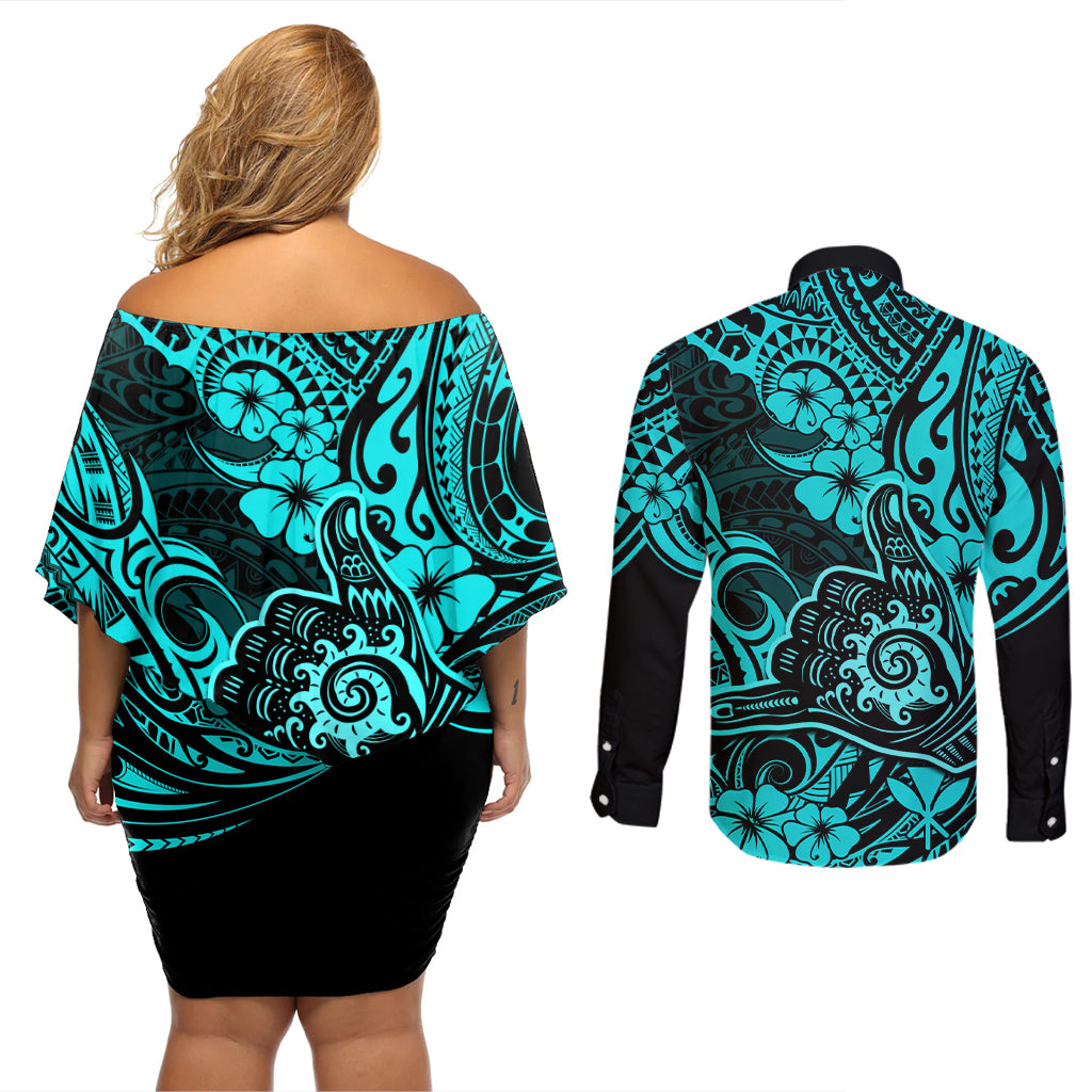 Hawaii Shaka Sign Couples Matching Off Shoulder Short Dress and Long Sleeve Button Shirts Polynesian Pattern Turquoise Version - Wonder Print Shop