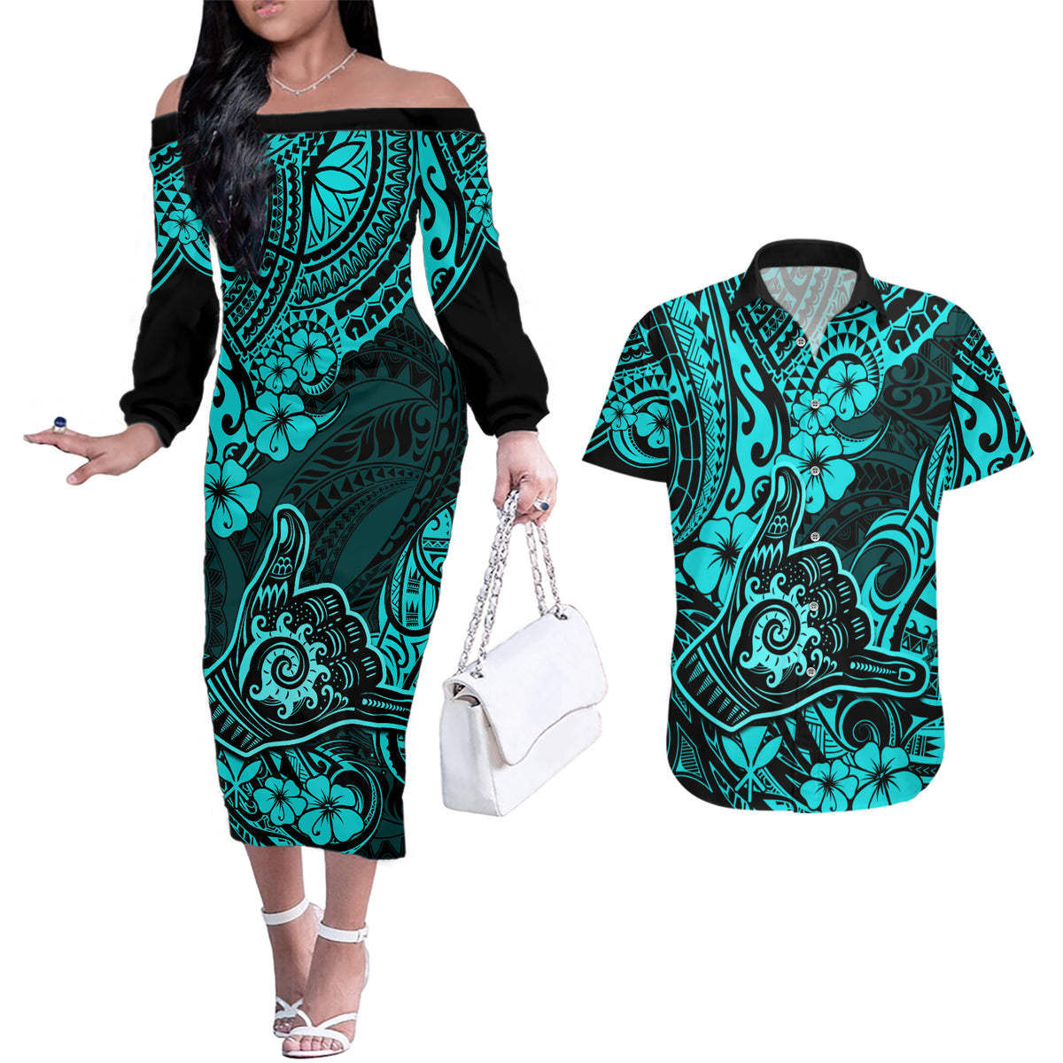 Hawaii Shaka Sign Couples Matching Off The Shoulder Long Sleeve Dress and Hawaiian Shirt Polynesian Pattern Turquoise Version - Wonder Print Shop