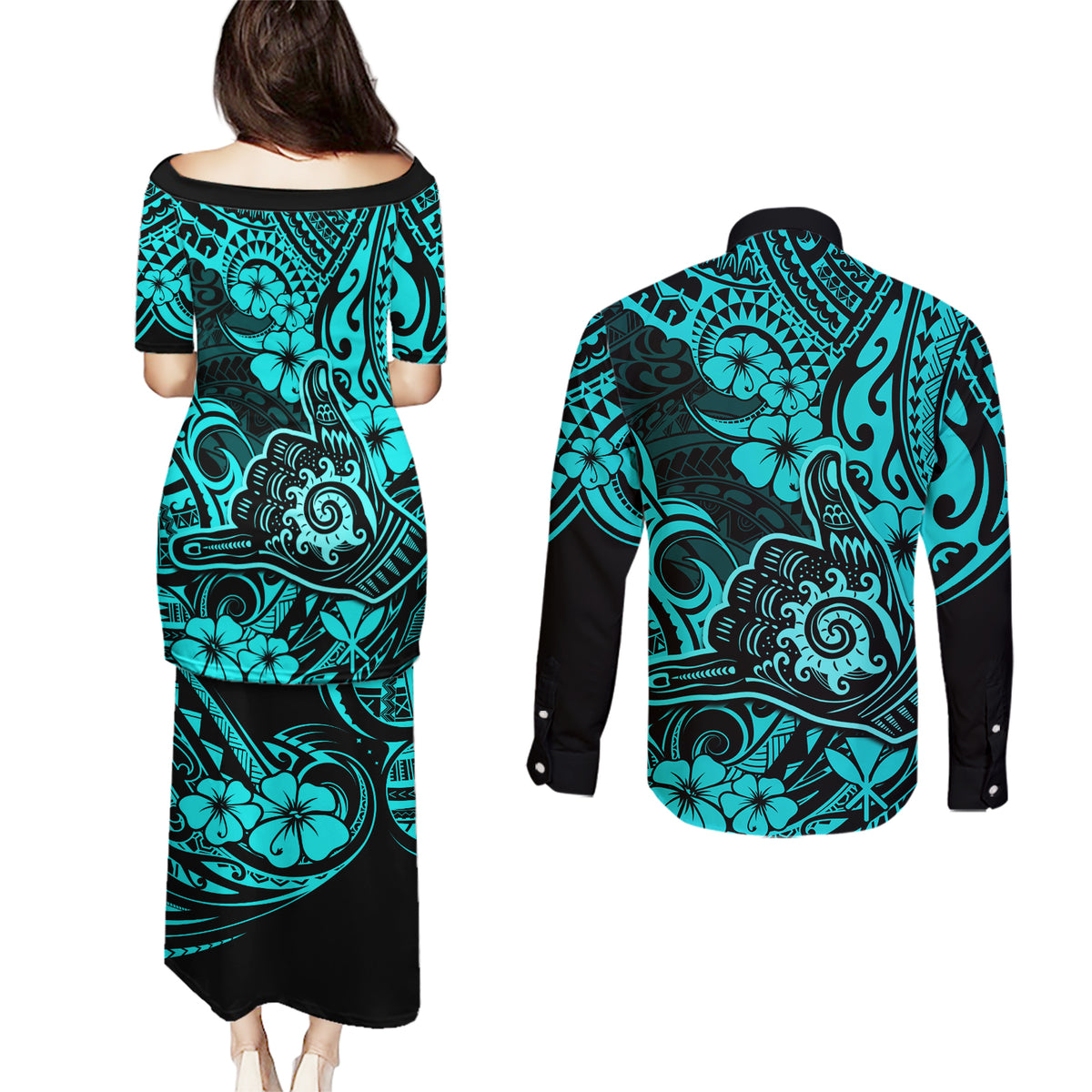 Hawaii Shaka Sign Couples Matching Puletasi Dress and Long Sleeve Button Shirts Polynesian Pattern Turquoise Version - Wonder Print Shop