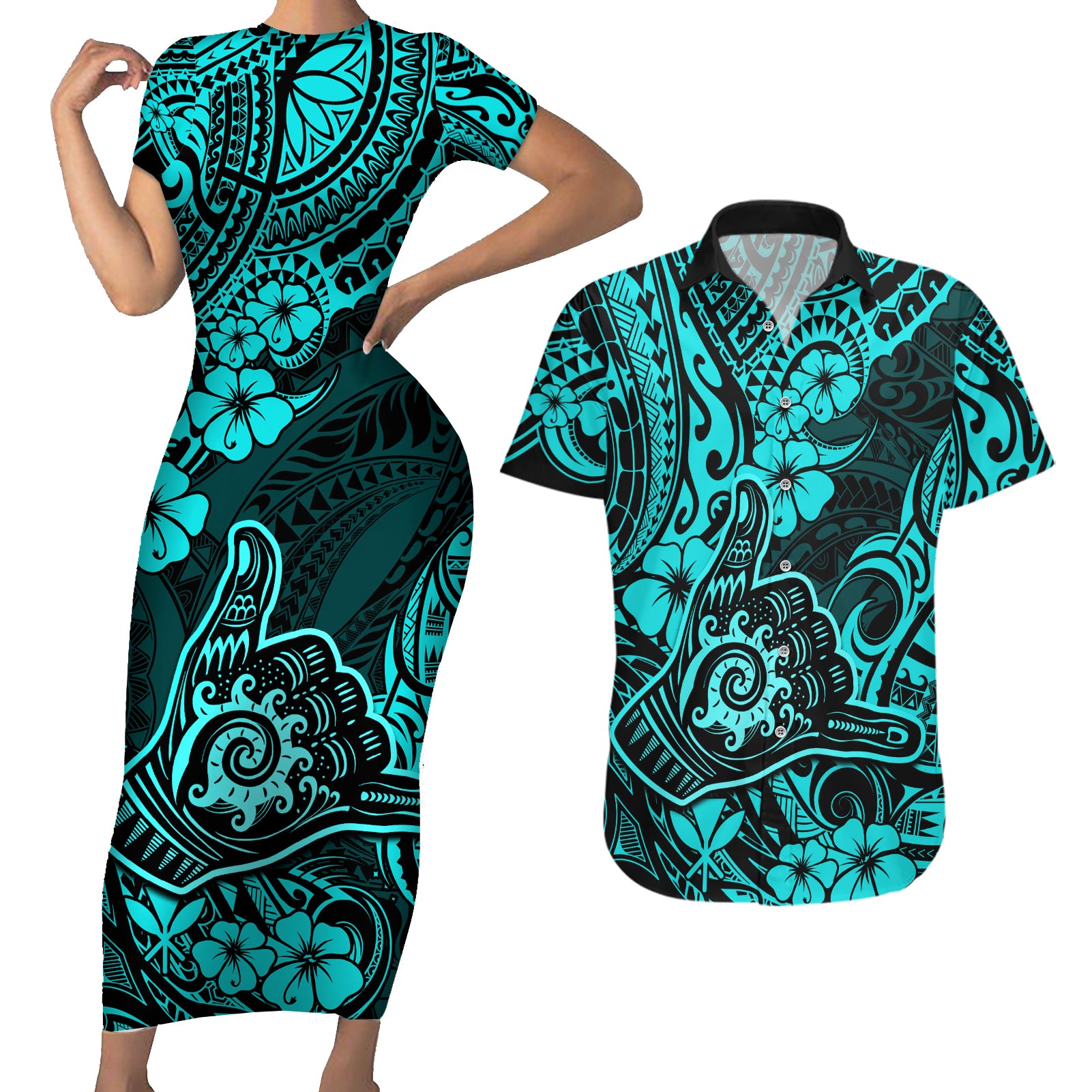 Hawaii Shaka Sign Couples Matching Short Sleeve Bodycon Dress and Hawaiian Shirt Polynesian Pattern Turquoise Version - Wonder Print Shop