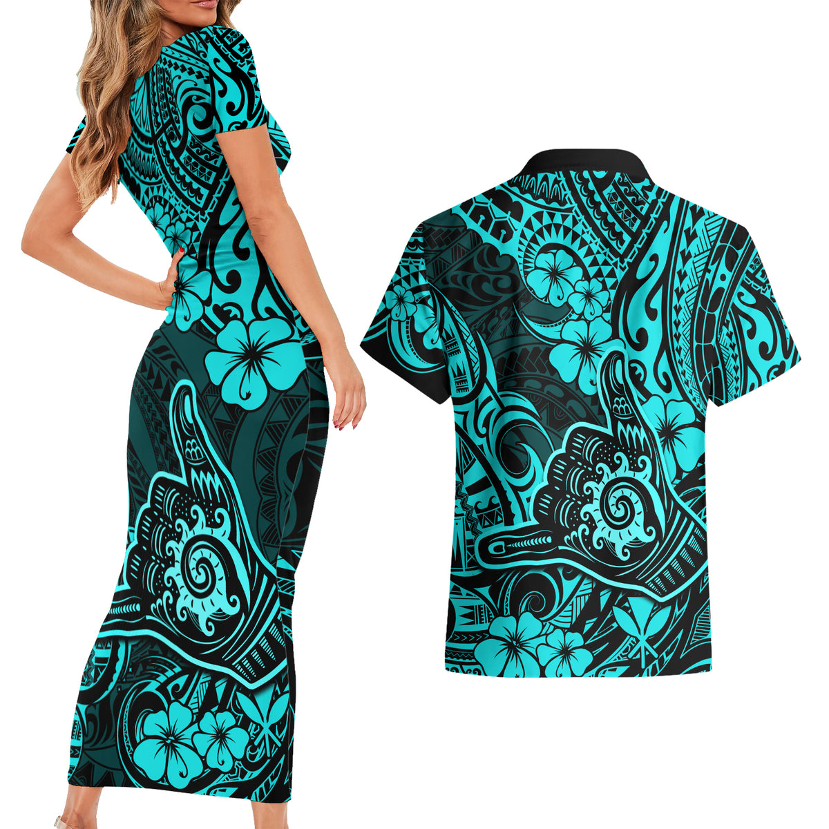 Hawaii Shaka Sign Couples Matching Short Sleeve Bodycon Dress and Hawaiian Shirt Polynesian Pattern Turquoise Version - Wonder Print Shop