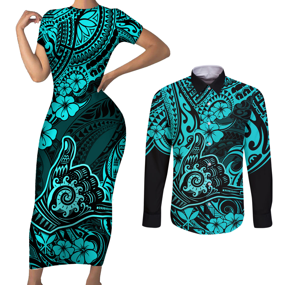Hawaii Shaka Sign Couples Matching Short Sleeve Bodycon Dress and Long Sleeve Button Shirts Polynesian Pattern Turquoise Version - Wonder Print Shop