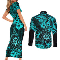 Hawaii Shaka Sign Couples Matching Short Sleeve Bodycon Dress and Long Sleeve Button Shirts Polynesian Pattern Turquoise Version - Wonder Print Shop