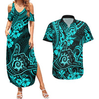 Hawaii Shaka Sign Couples Matching Summer Maxi Dress and Hawaiian Shirt Polynesian Pattern Turquoise Version - Wonder Print Shop