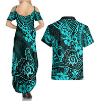 Hawaii Shaka Sign Couples Matching Summer Maxi Dress and Hawaiian Shirt Polynesian Pattern Turquoise Version - Wonder Print Shop
