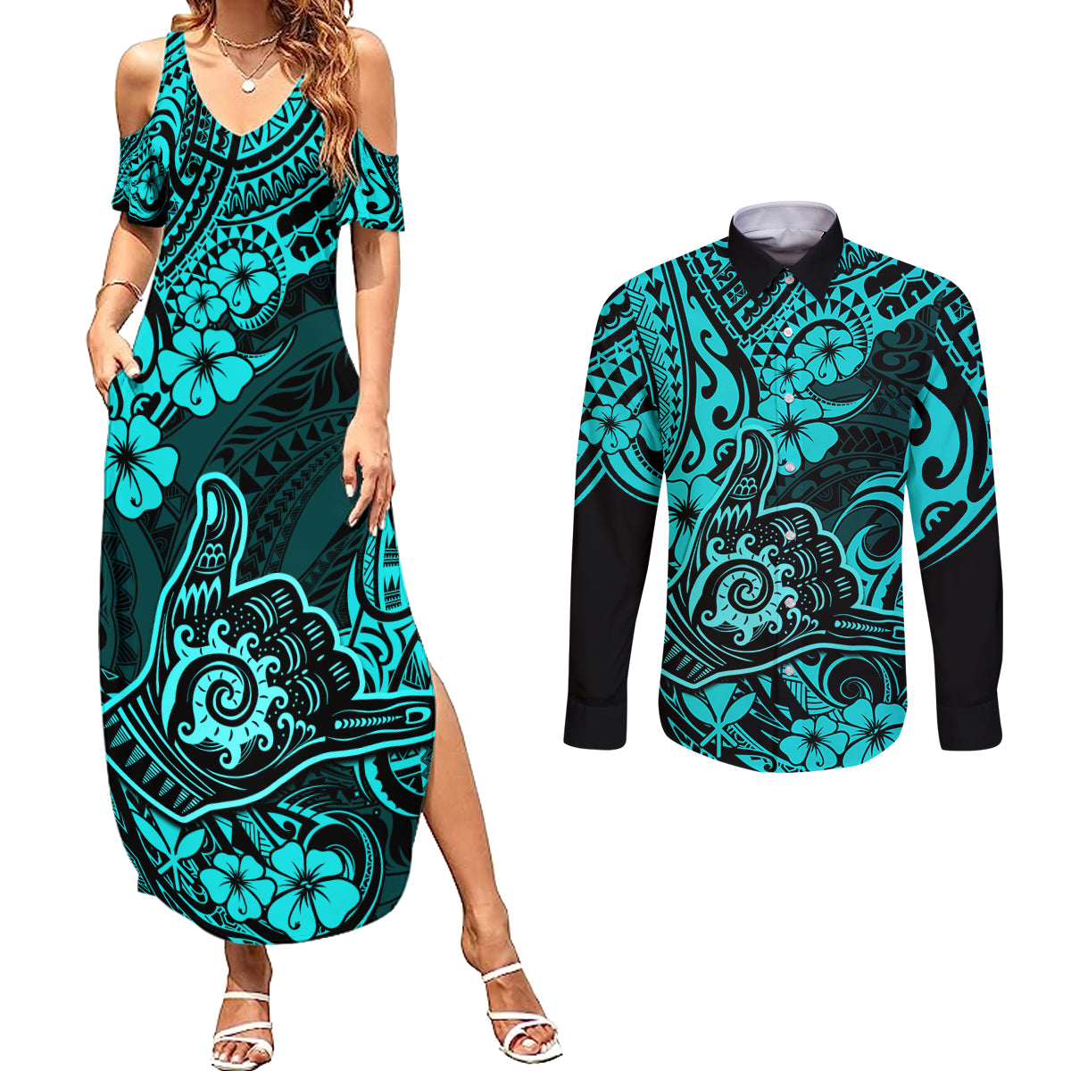 Hawaii Shaka Sign Couples Matching Summer Maxi Dress and Long Sleeve Button Shirts Polynesian Pattern Turquoise Version - Wonder Print Shop