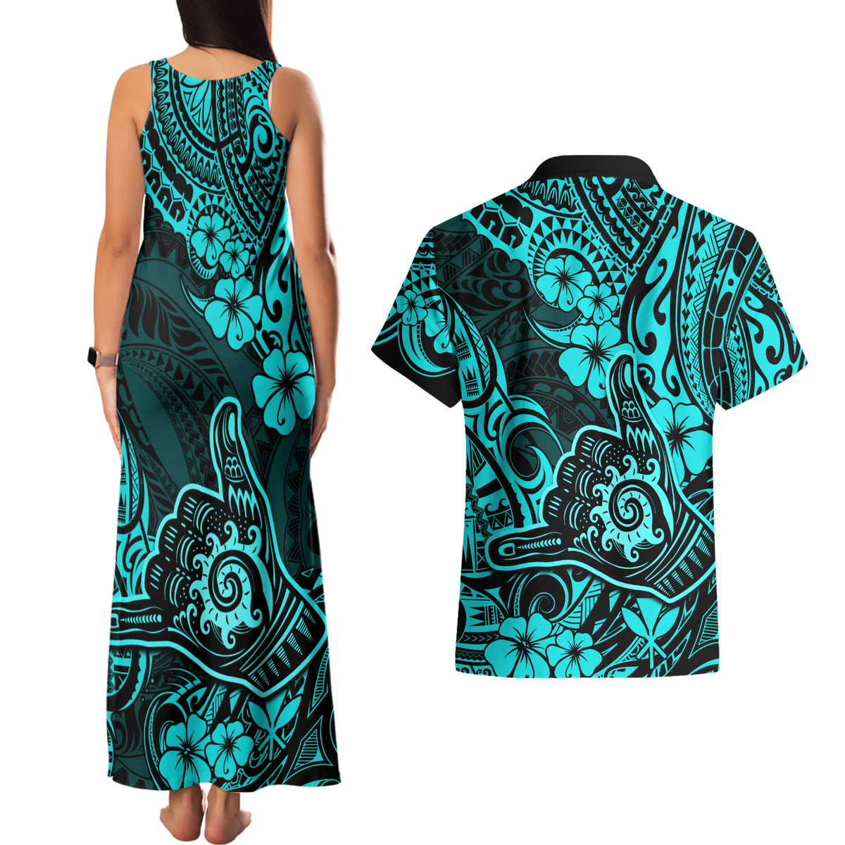 Hawaii Shaka Sign Couples Matching Tank Maxi Dress and Hawaiian Shirt Polynesian Pattern Turquoise Version - Wonder Print Shop