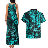 Hawaii Shaka Sign Couples Matching Tank Maxi Dress and Hawaiian Shirt Polynesian Pattern Turquoise Version - Wonder Print Shop