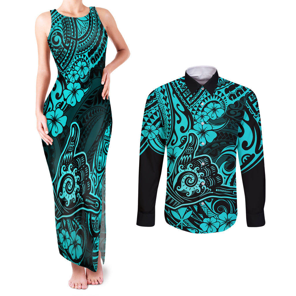 Hawaii Shaka Sign Couples Matching Tank Maxi Dress and Long Sleeve Button Shirts Polynesian Pattern Turquoise Version - Wonder Print Shop